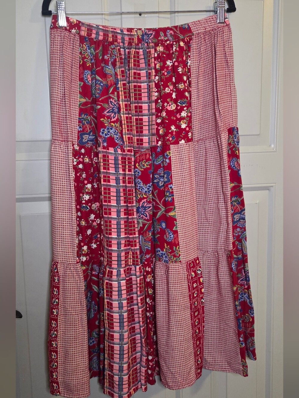 Stonybrook -Gorgeous Red Patchwork Tiered Maxi Skirt with Floral & Plaid Accents